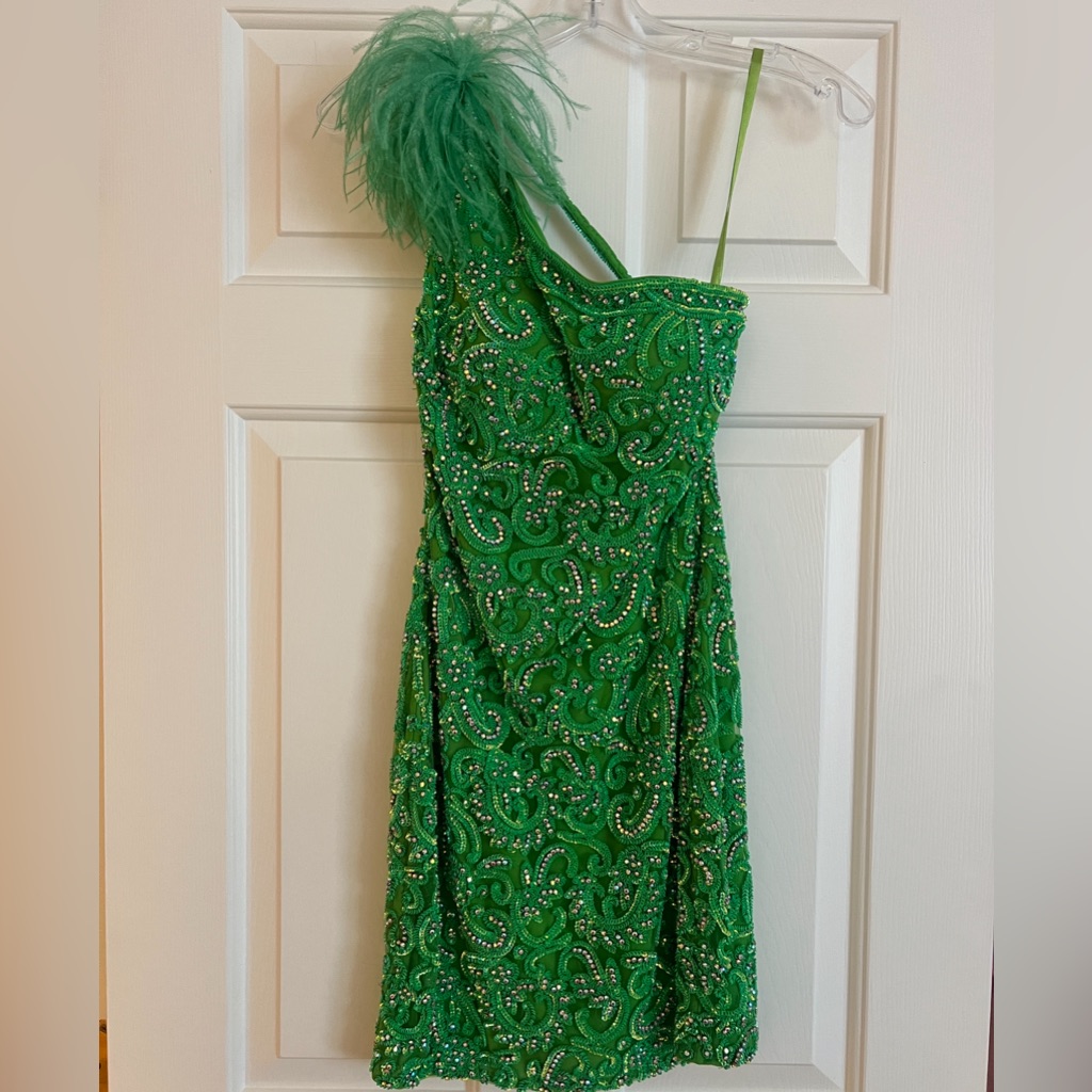 Lime Green Beaded Cocktail With Feather Shoulder Detail